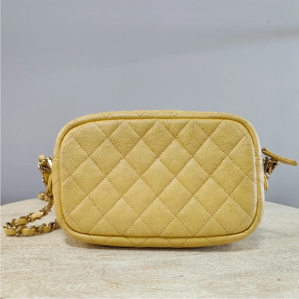 Rare 2019 Chanel Caviar Iridescent Yellow Camera Bag with Gold Hardware